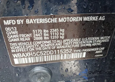 2013 BMW 528I xDrive из США, поврежденный, VIN WBAXH5C52DD115352